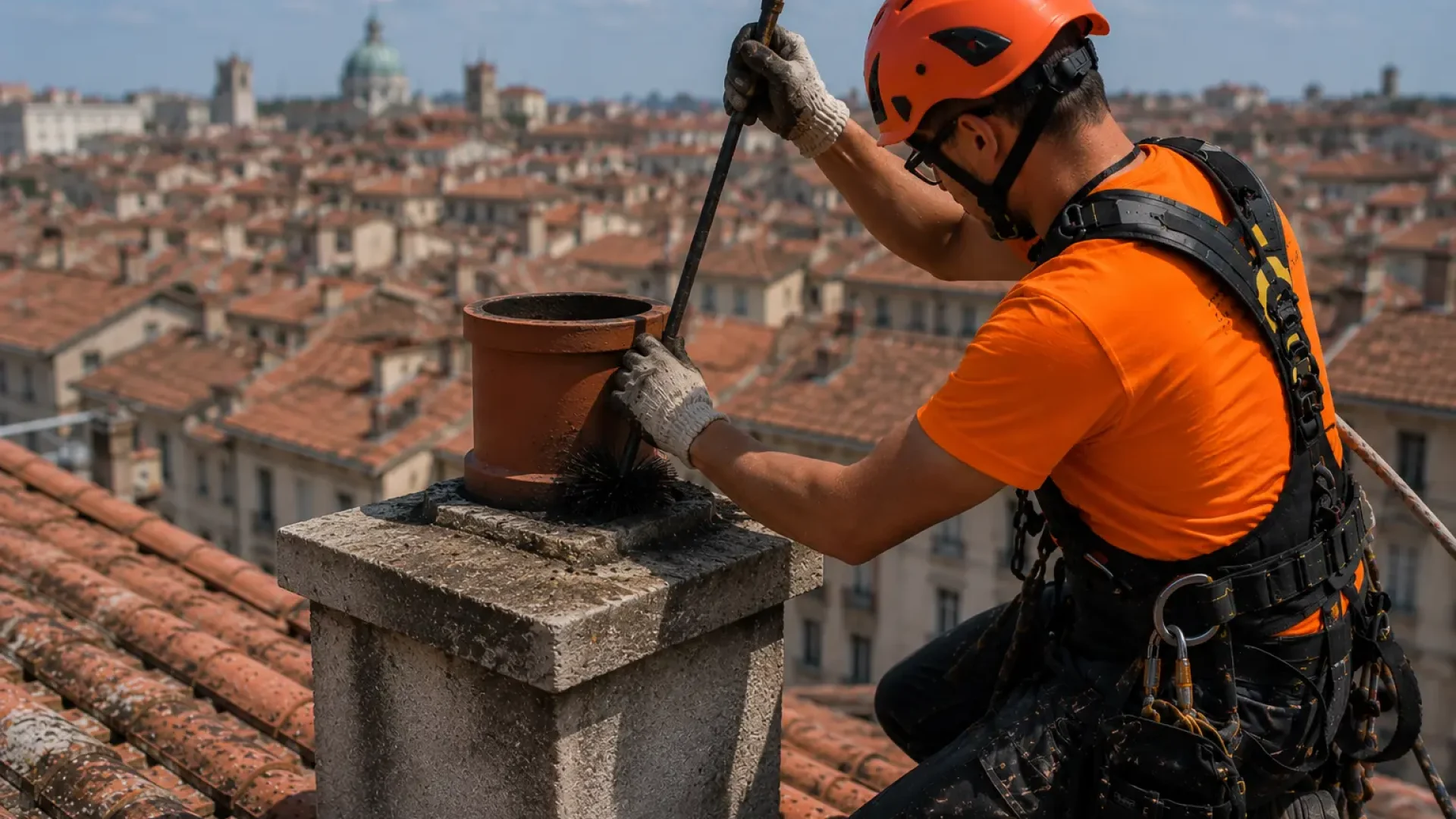 Técnico de Level On limpiando el conducto interior de una chimenea con herramientas específicas y equipo de seguridad.