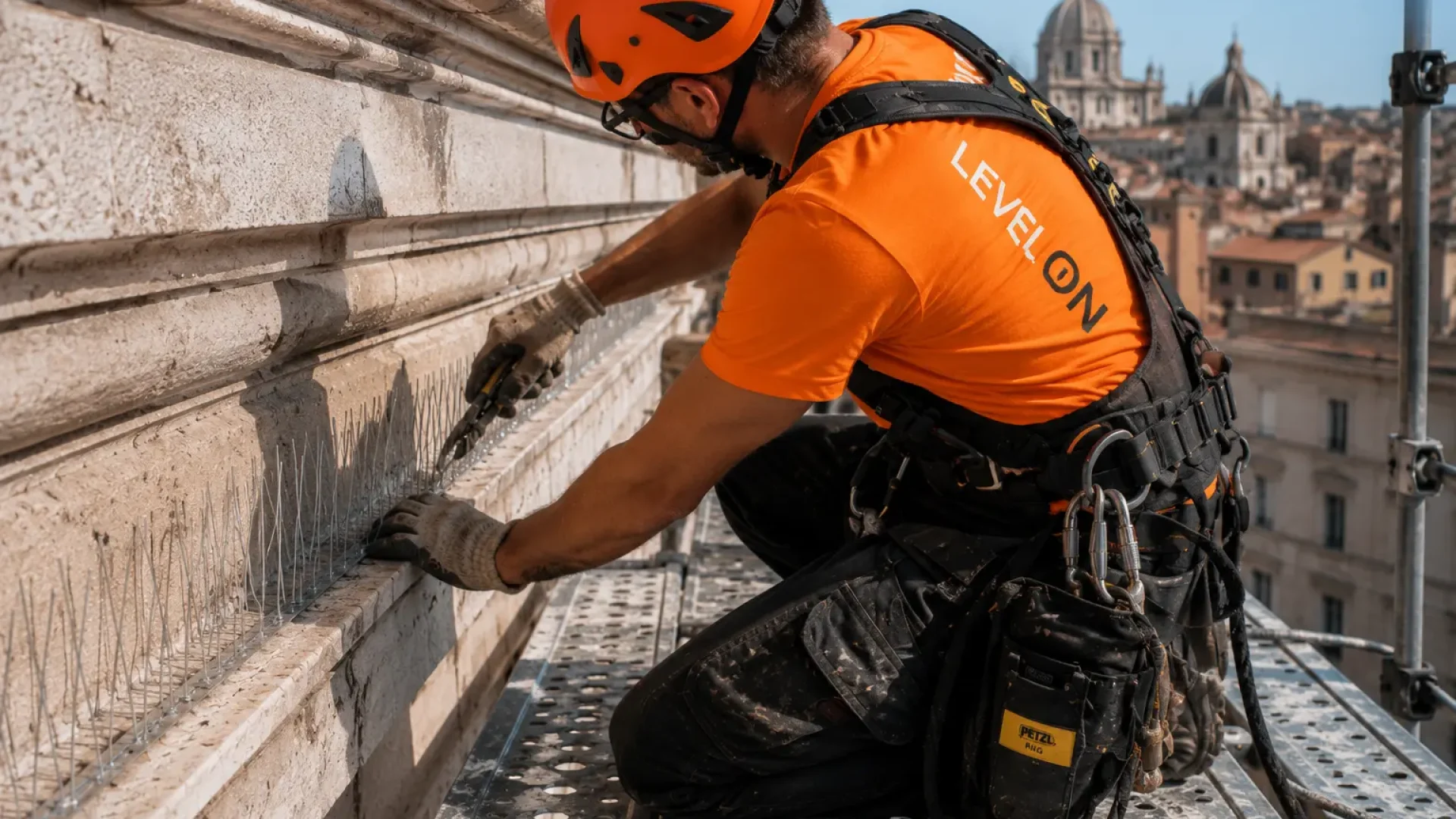 Técnico de Level On colocando un sistema disuasorio para aves sobre la cornisa de un edificio.